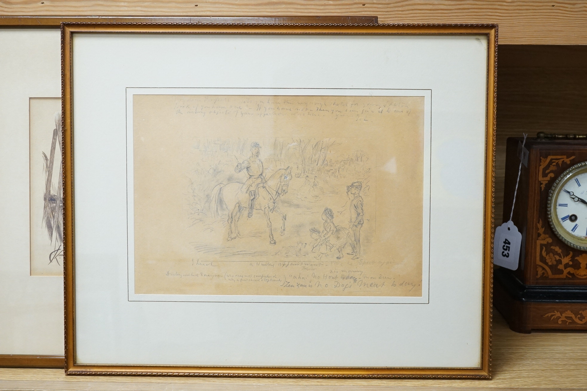 Two 19th century cartoons, to include a monochrome inksketch, 'The Cunning Exhibitions', gallery label verso and a pencil study 'A hunting appointment', 19 x 27cm. Condition - fair